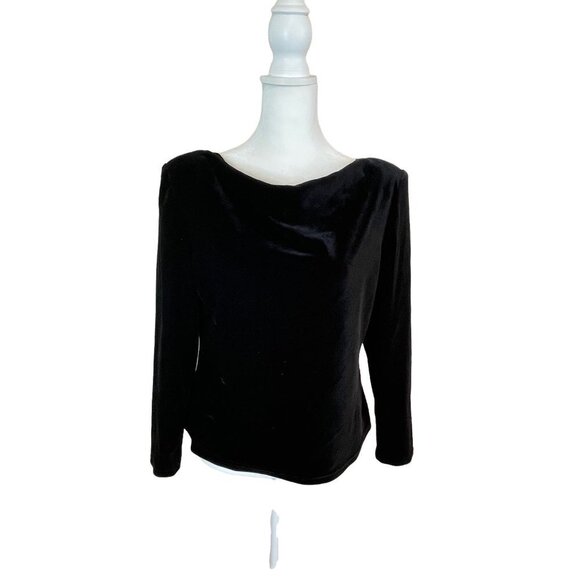 Black Long Sleeve Vintage NWT Velour Boat Neck Top Sz 8P - Picture 1 of 9